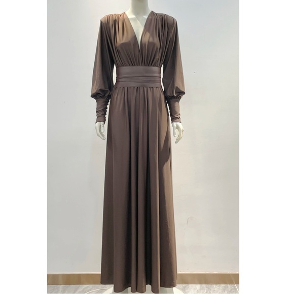 Elegant Brown Belted Maxi Dress M - Picture 2 of 8